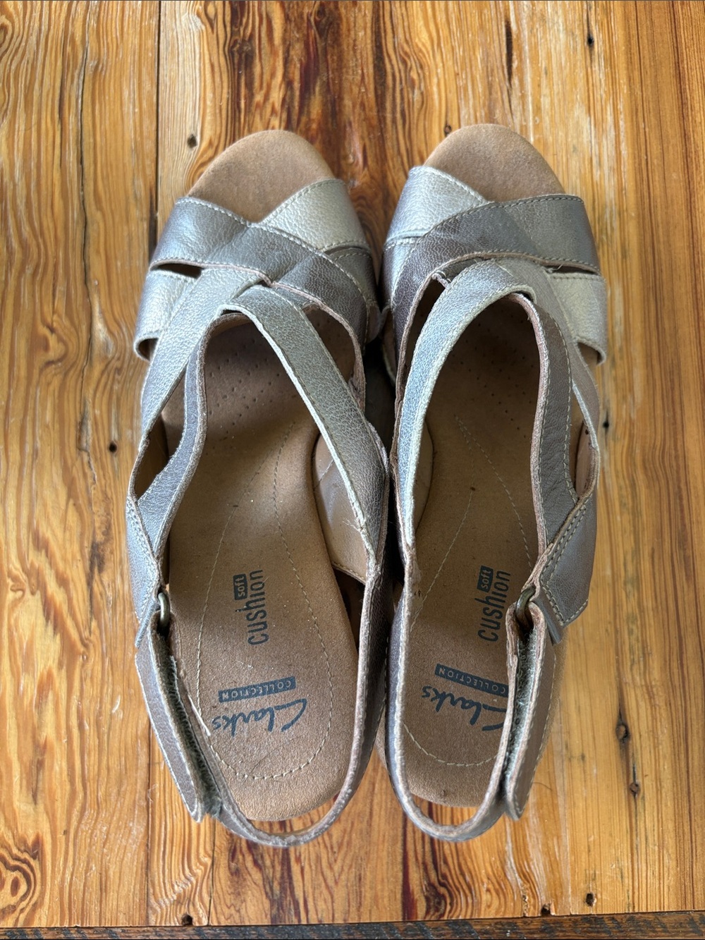 Clarks Women's Silver Metallic Cross-Strap Wedge Sandals